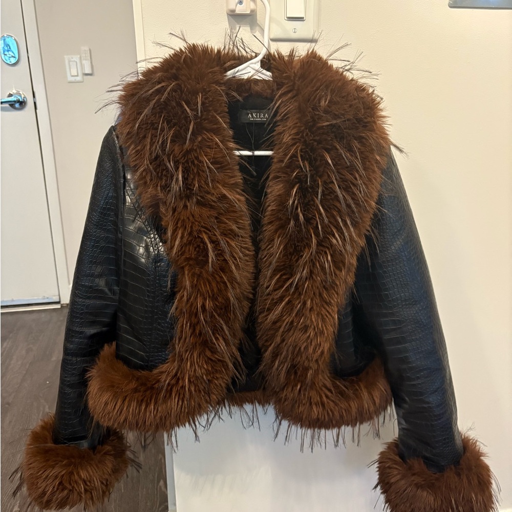 AKIRA Black Leather Jacket with Brown Faux Fur Trim